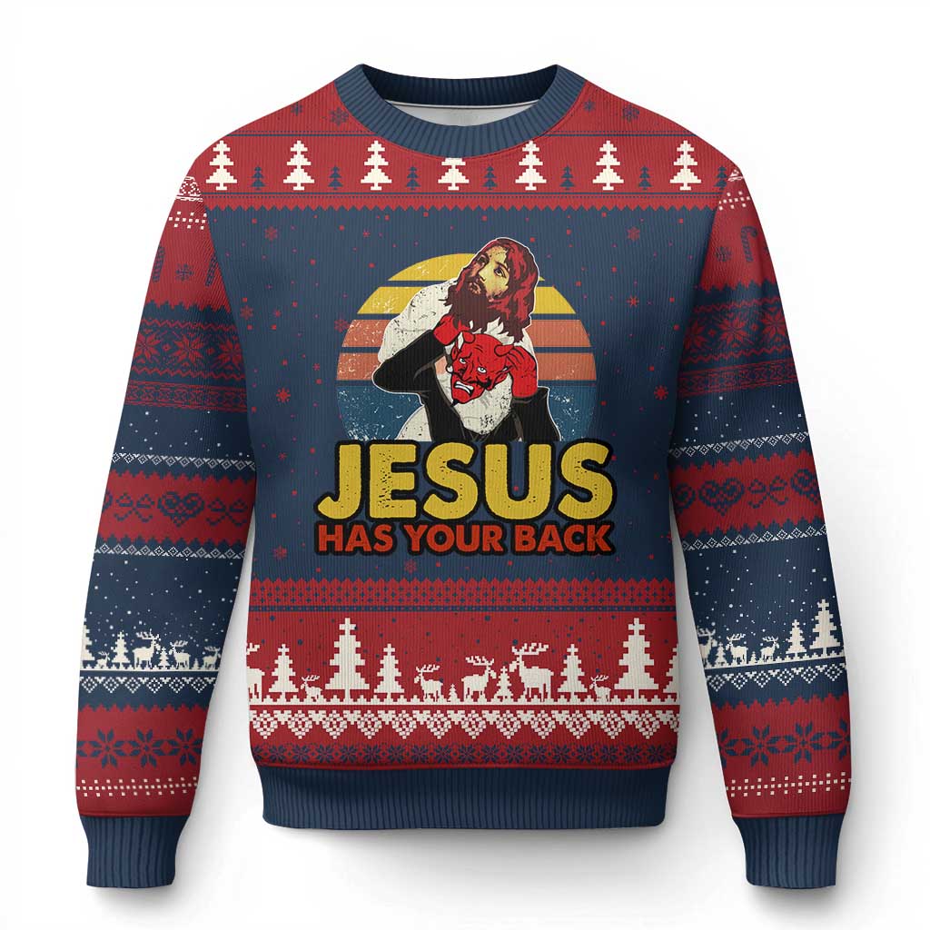 Funny Jesus Satan Meme Ugly Christmas Sweater Has Your Back Jiu Jitsu Retro Religious Christian - Wonder Print Shop
