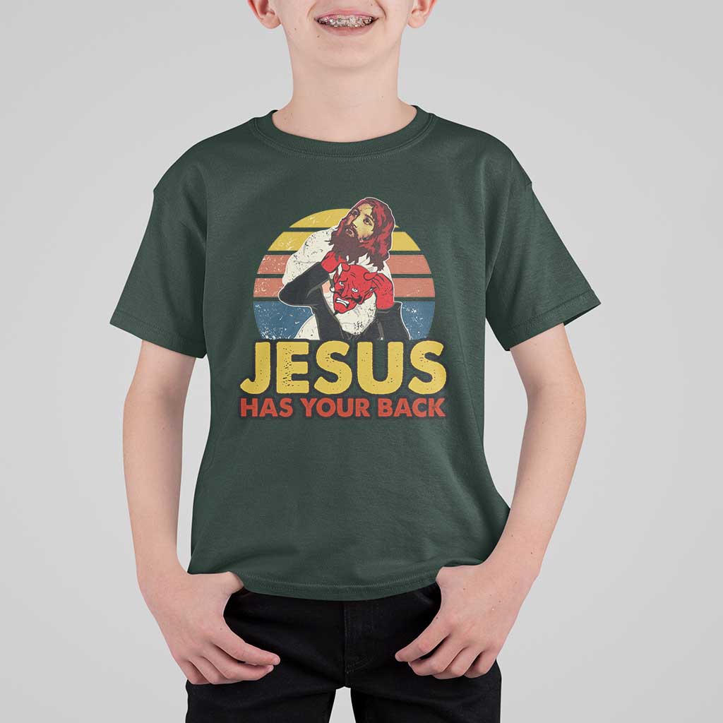 Funny Jesus Satan Meme T Shirt For Kid Has Your Back Jiu Jitsu Retro Religious Christian