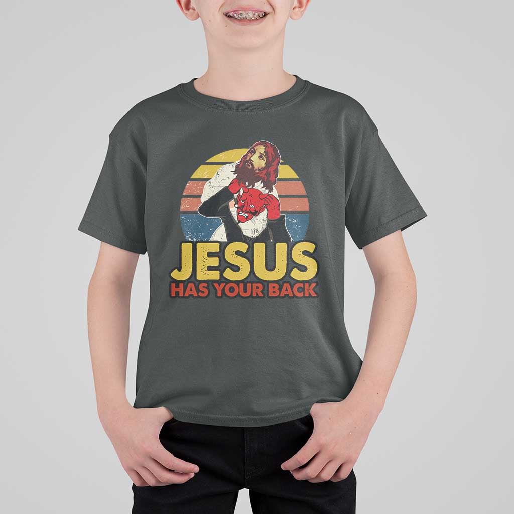 Funny Jesus Satan Meme T Shirt For Kid Has Your Back Jiu Jitsu Retro Religious Christian