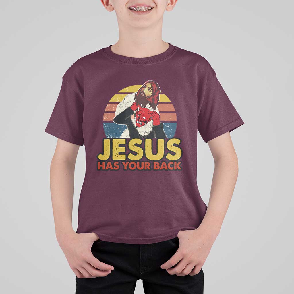 Funny Jesus Satan Meme T Shirt For Kid Has Your Back Jiu Jitsu Retro Religious Christian