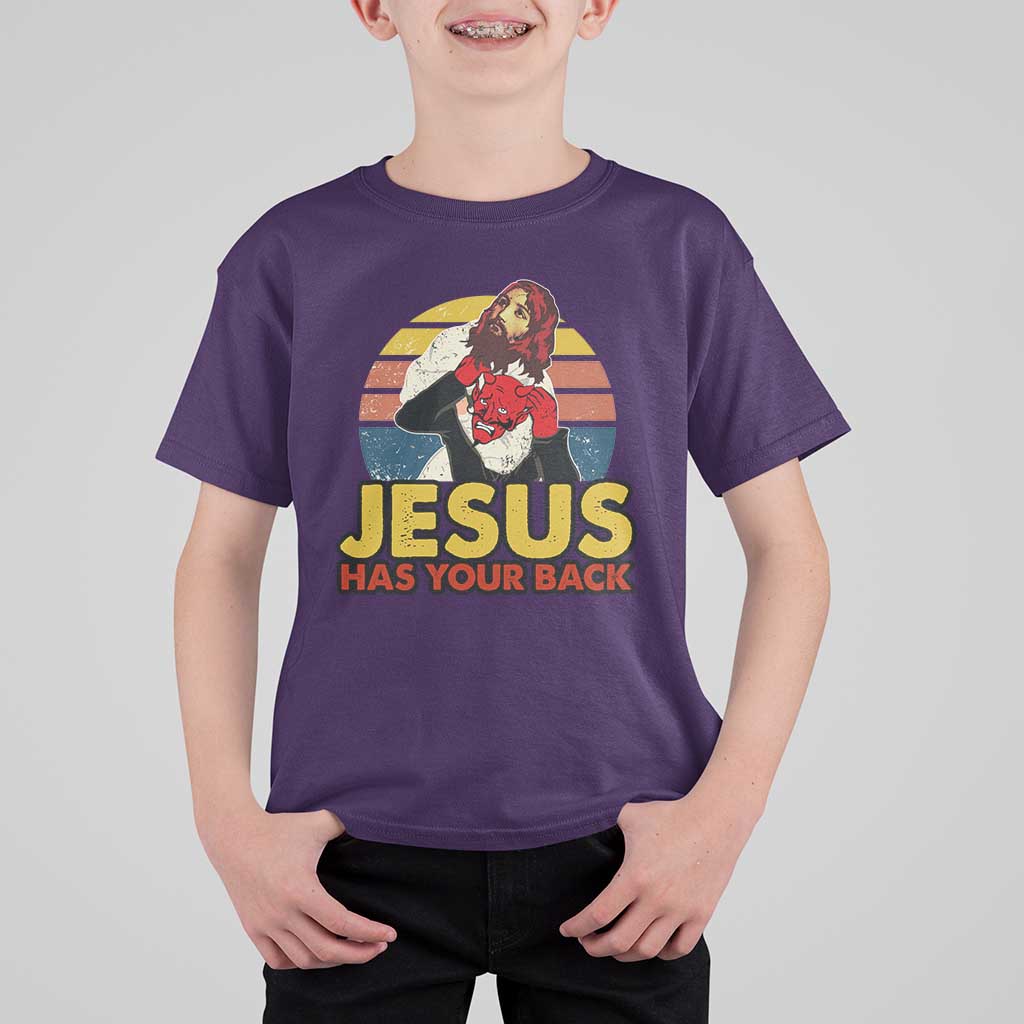 Funny Jesus Satan Meme T Shirt For Kid Has Your Back Jiu Jitsu Retro Religious Christian