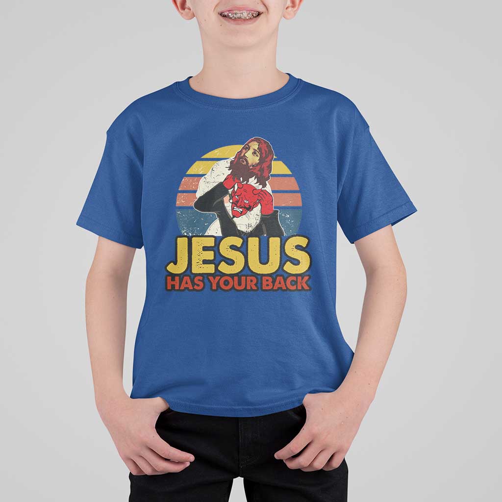 Funny Jesus Satan Meme T Shirt For Kid Has Your Back Jiu Jitsu Retro Religious Christian