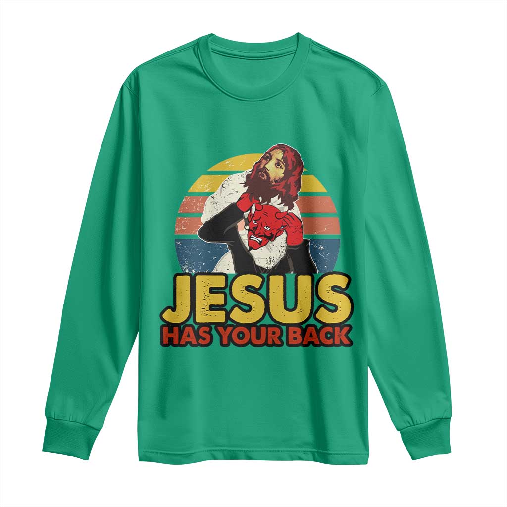 Funny Jesus Satan Meme Long Sleeve Shirt Has Your Back Jiu Jitsu Retro Religious Christian