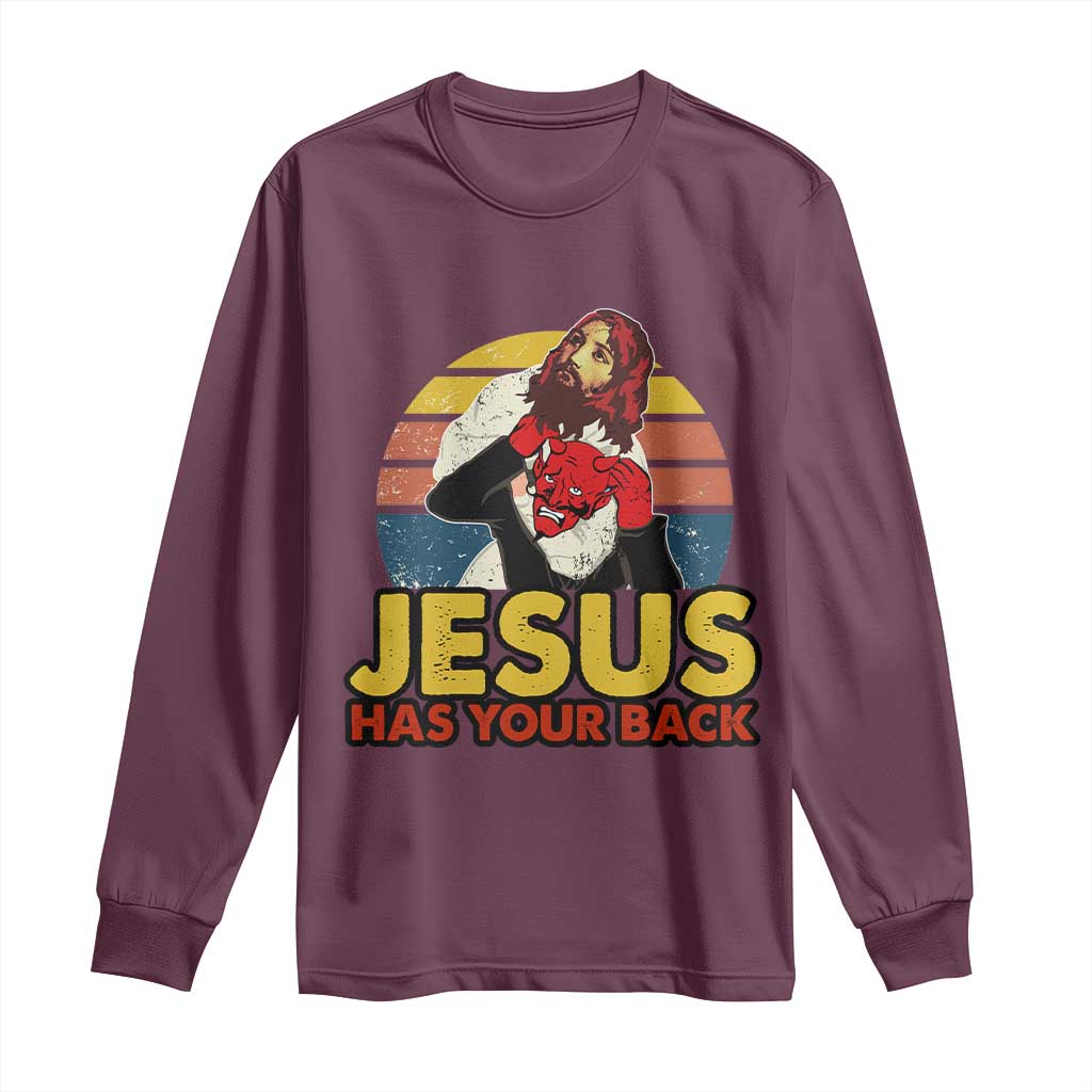 Funny Jesus Satan Meme Long Sleeve Shirt Has Your Back Jiu Jitsu Retro Religious Christian