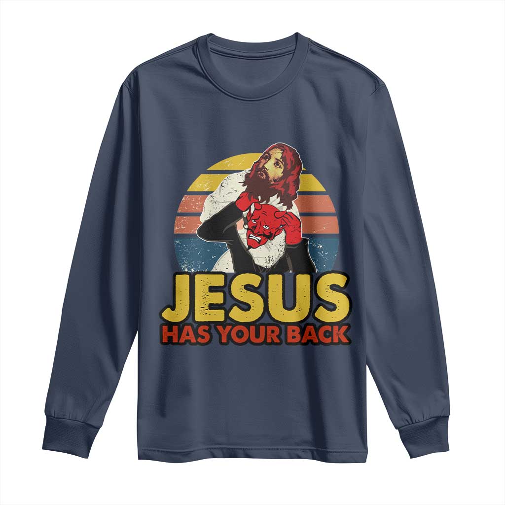 Funny Jesus Satan Meme Long Sleeve Shirt Has Your Back Jiu Jitsu Retro Religious Christian