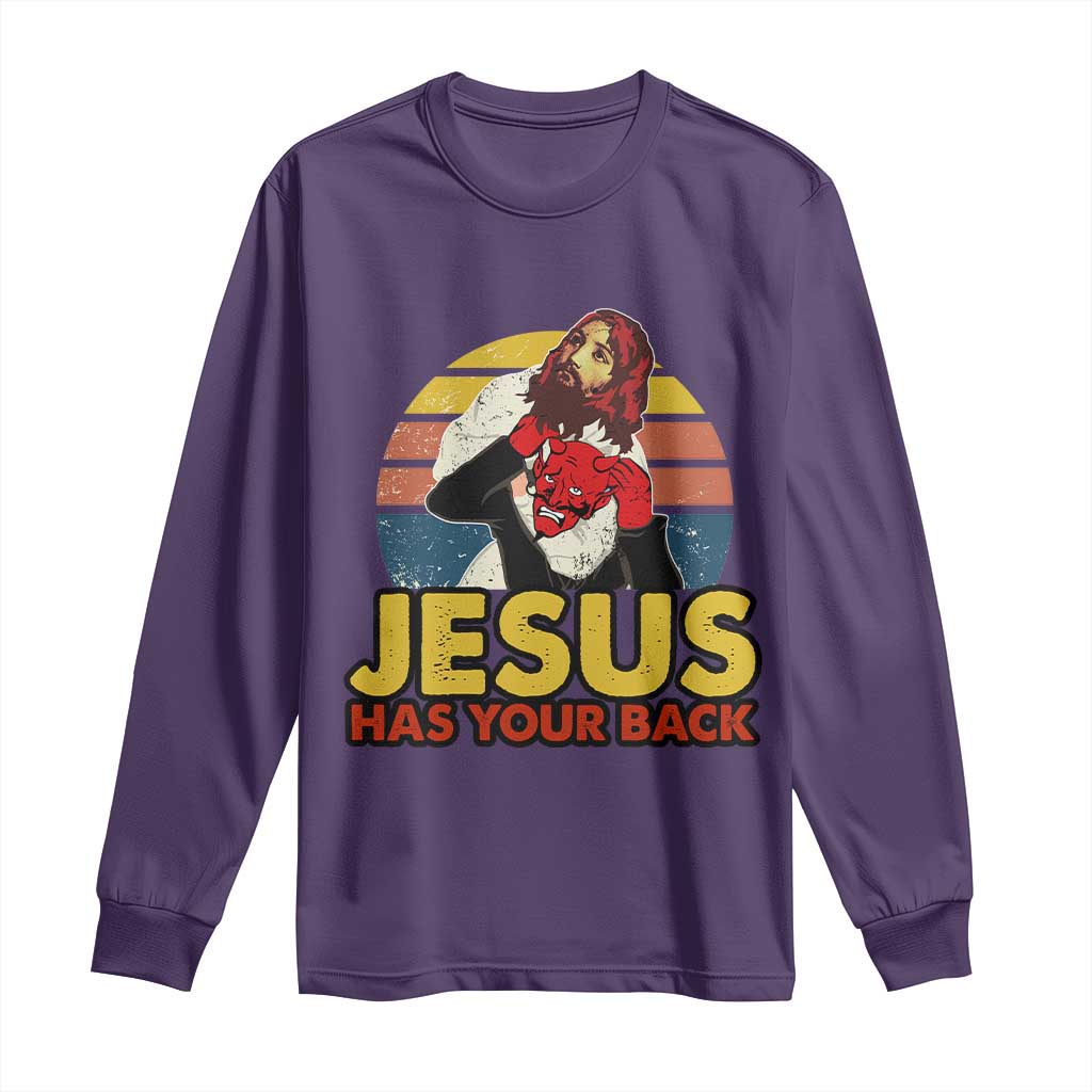 Funny Jesus Satan Meme Long Sleeve Shirt Has Your Back Jiu Jitsu Retro Religious Christian