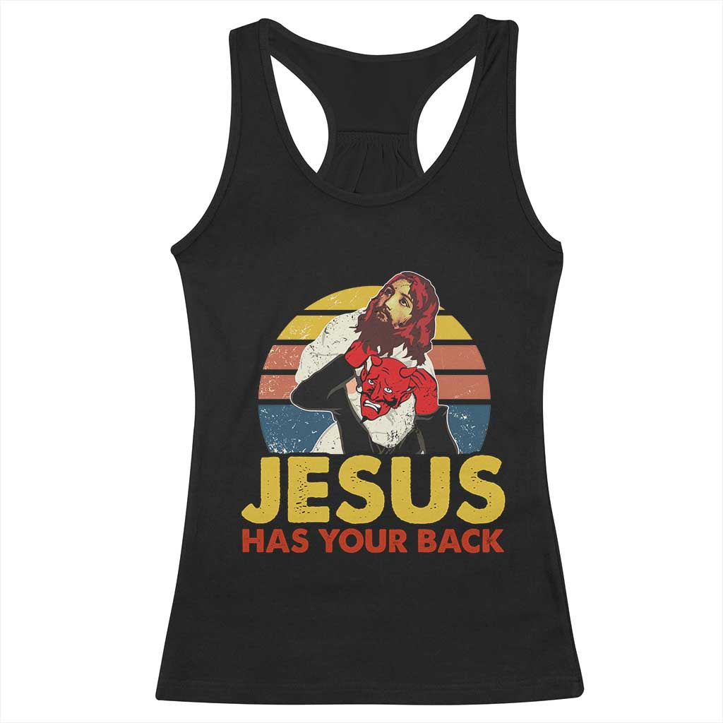 Funny Jesus Satan Meme Racerback Tank Top Has Your Back Jiu Jitsu Retro Religious Christian