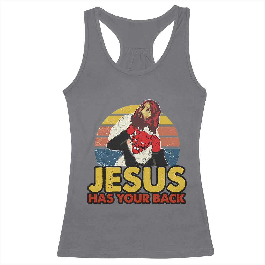 Funny Jesus Satan Meme Racerback Tank Top Has Your Back Jiu Jitsu Retro Religious Christian