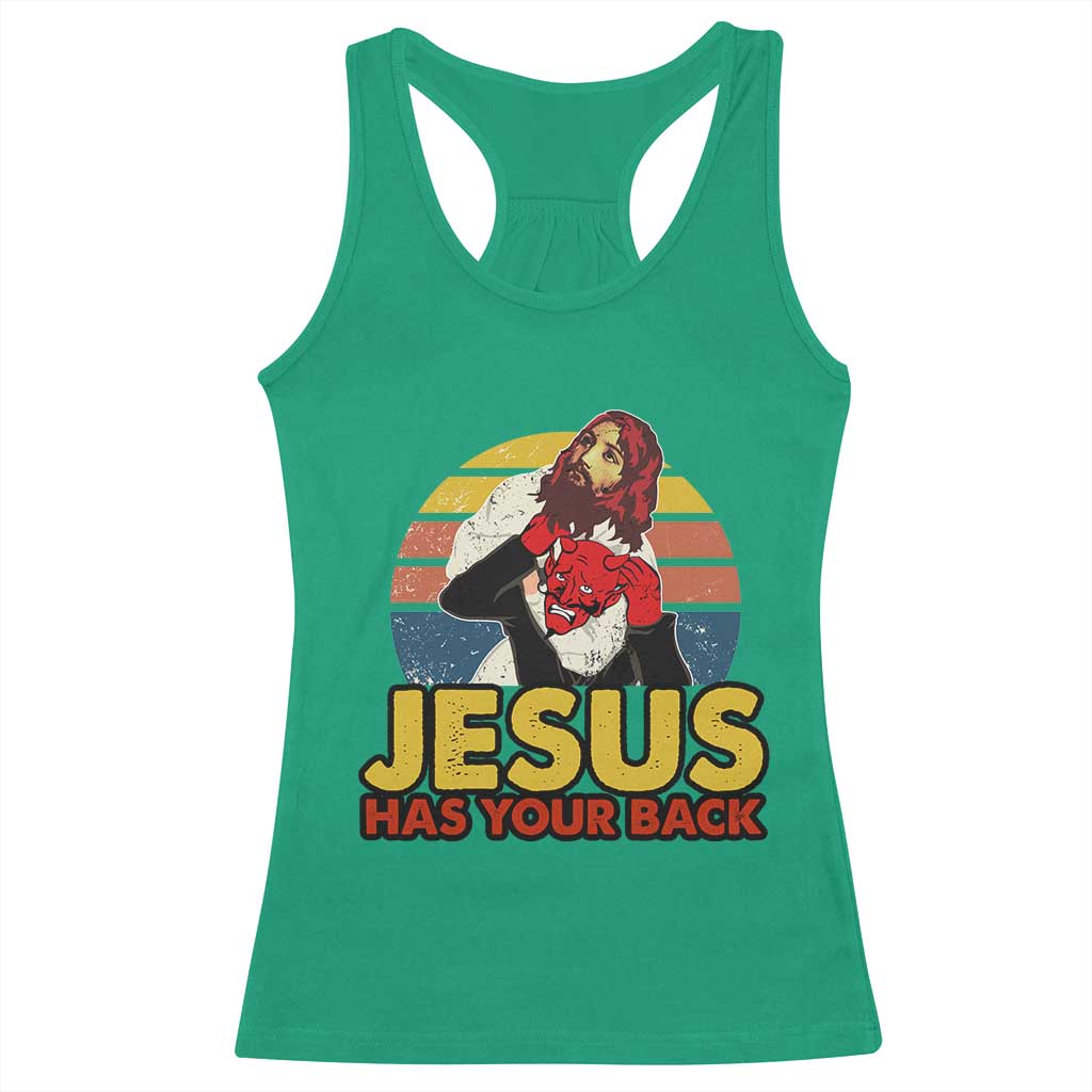 Funny Jesus Satan Meme Racerback Tank Top Has Your Back Jiu Jitsu Retro Religious Christian