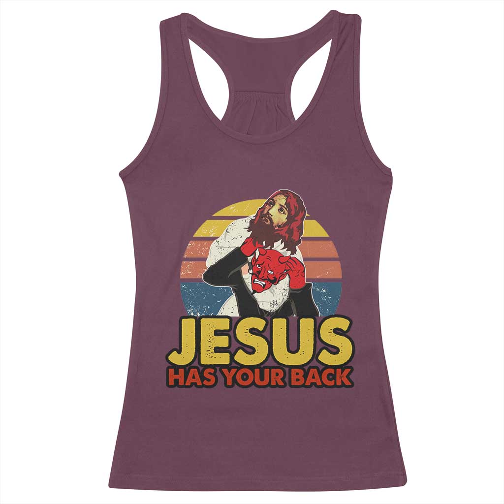 Funny Jesus Satan Meme Racerback Tank Top Has Your Back Jiu Jitsu Retro Religious Christian