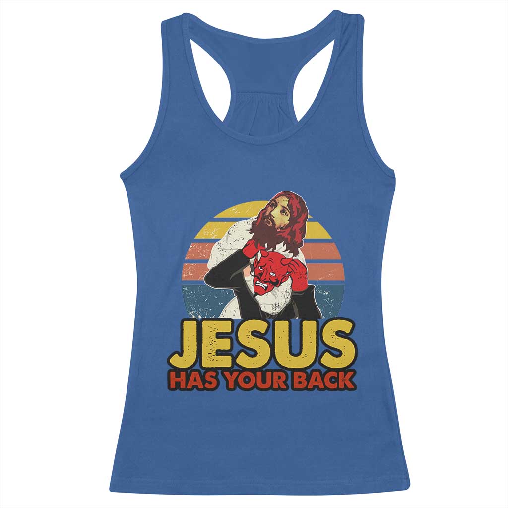 Funny Jesus Satan Meme Racerback Tank Top Has Your Back Jiu Jitsu Retro Religious Christian