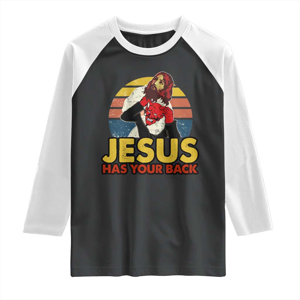 Funny Jesus Satan Meme Raglan Shirt Has Your Back Jiu Jitsu Retro Religious Christian