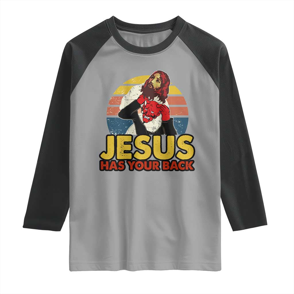 Funny Jesus Satan Meme Raglan Shirt Has Your Back Jiu Jitsu Retro Religious Christian