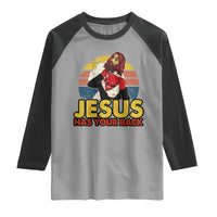 Funny Jesus Satan Meme Raglan Shirt Has Your Back Jiu Jitsu Retro Religious Christian
