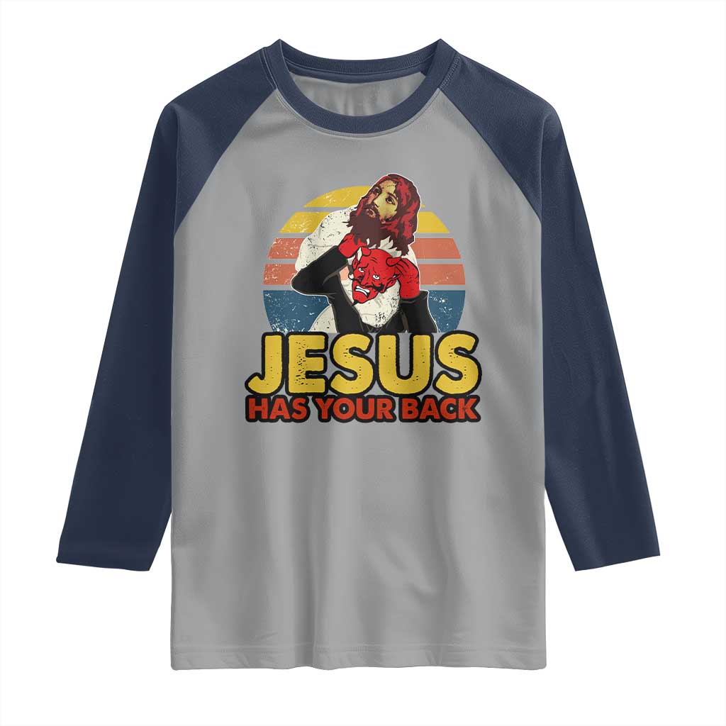 Funny Jesus Satan Meme Raglan Shirt Has Your Back Jiu Jitsu Retro Religious Christian