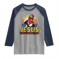 Funny Jesus Satan Meme Raglan Shirt Has Your Back Jiu Jitsu Retro Religious Christian