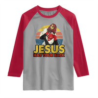 Funny Jesus Satan Meme Raglan Shirt Has Your Back Jiu Jitsu Retro Religious Christian