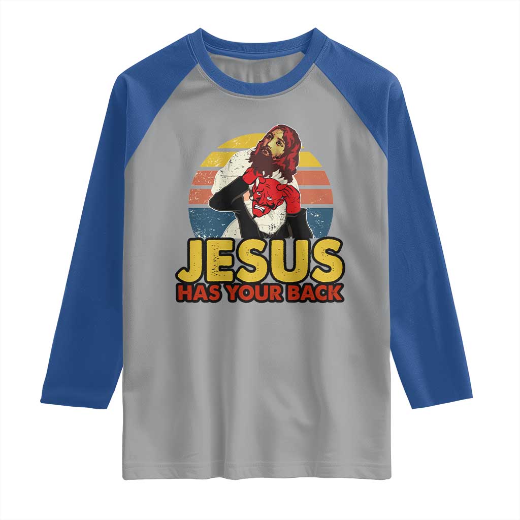 Funny Jesus Satan Meme Raglan Shirt Has Your Back Jiu Jitsu Retro Religious Christian