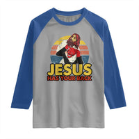 Funny Jesus Satan Meme Raglan Shirt Has Your Back Jiu Jitsu Retro Religious Christian
