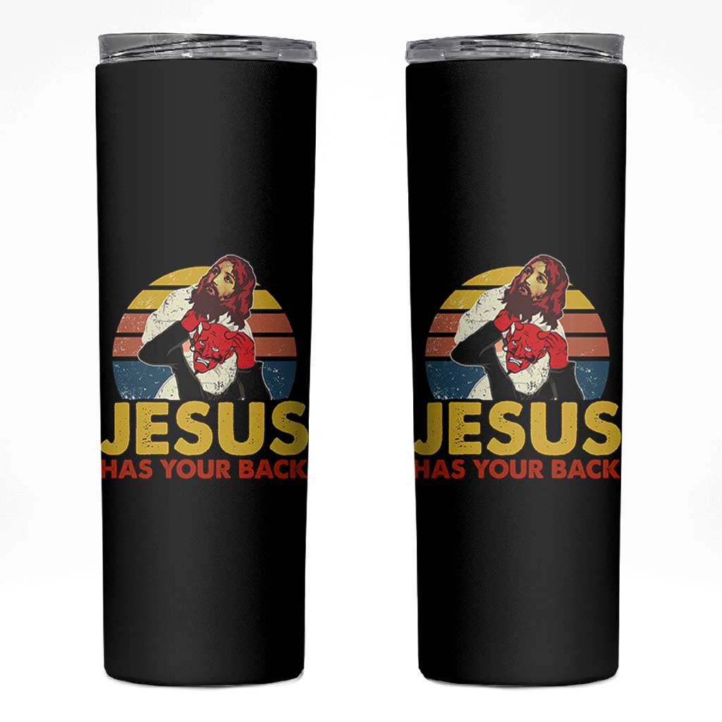 Funny Jesus Satan Meme Skinny Tumbler Has Your Back Jiu Jitsu Retro Religious Christian