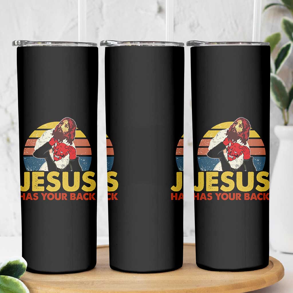 Funny Jesus Satan Meme Skinny Tumbler Has Your Back Jiu Jitsu Retro Religious Christian