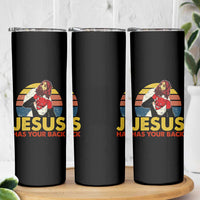 Funny Jesus Satan Meme Skinny Tumbler Has Your Back Jiu Jitsu Retro Religious Christian