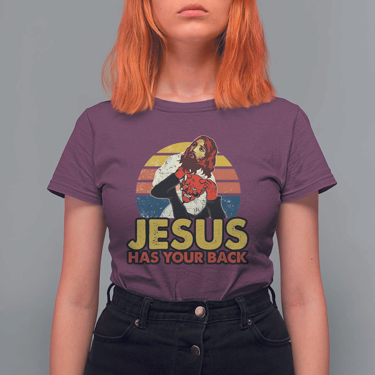 Funny Jesus Satan Meme T Shirt For Women Has Your Back Jiu Jitsu Retro Religious Christian