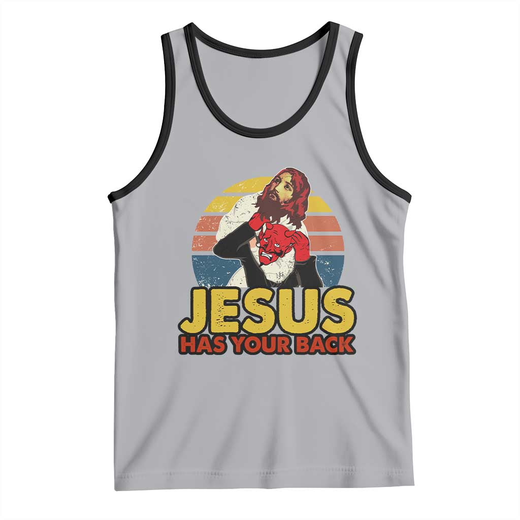 Funny Jesus Satan Meme Tank Top Has Your Back Jiu Jitsu Retro Religious Christian
