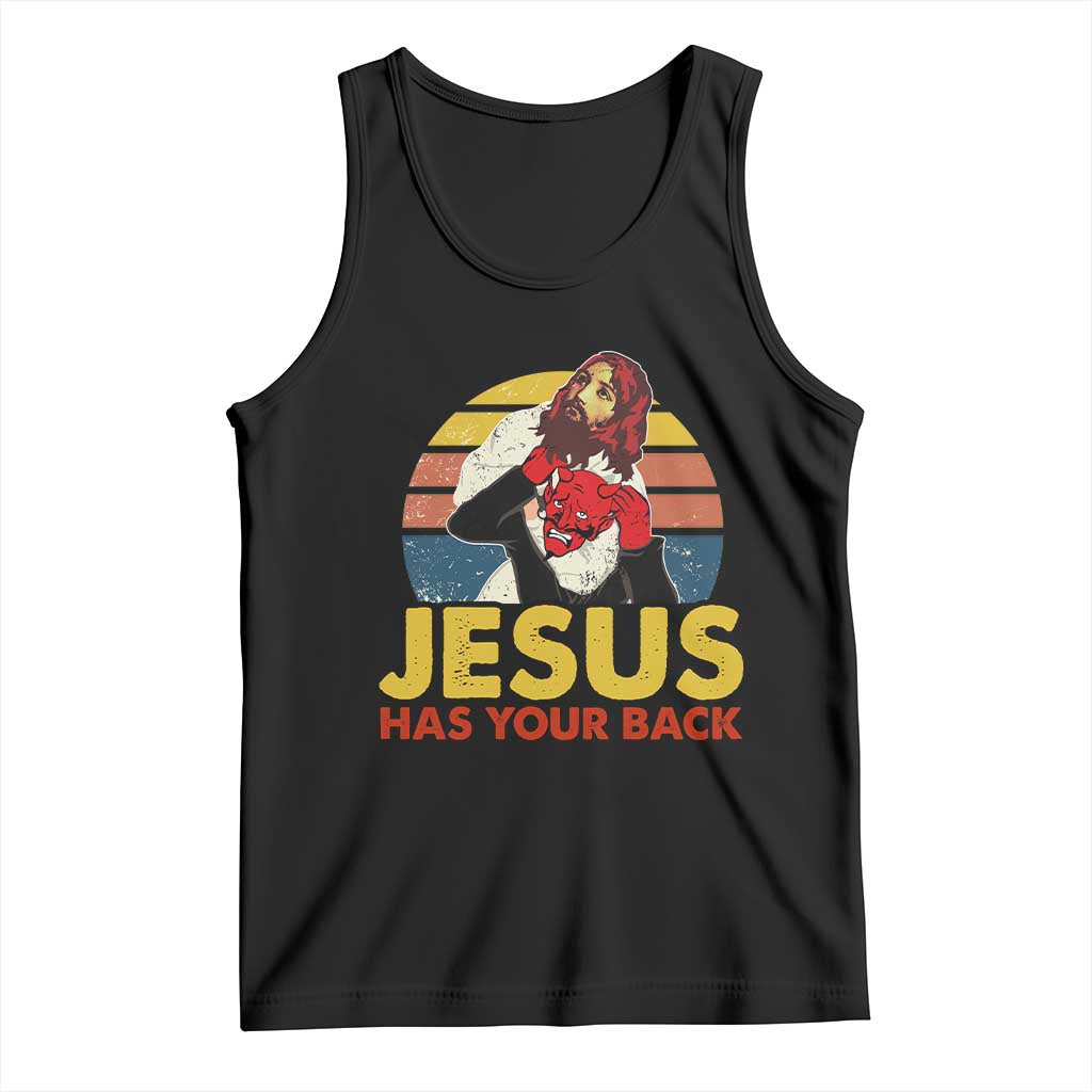 Funny Jesus Satan Meme Tank Top Has Your Back Jiu Jitsu Retro Religious Christian