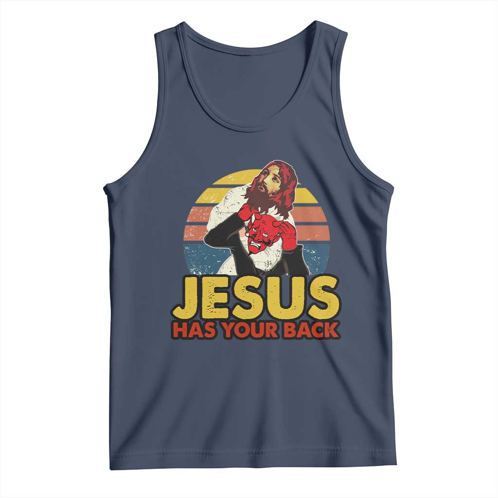 Funny Jesus Satan Meme Tank Top Has Your Back Jiu Jitsu Retro Religious Christian