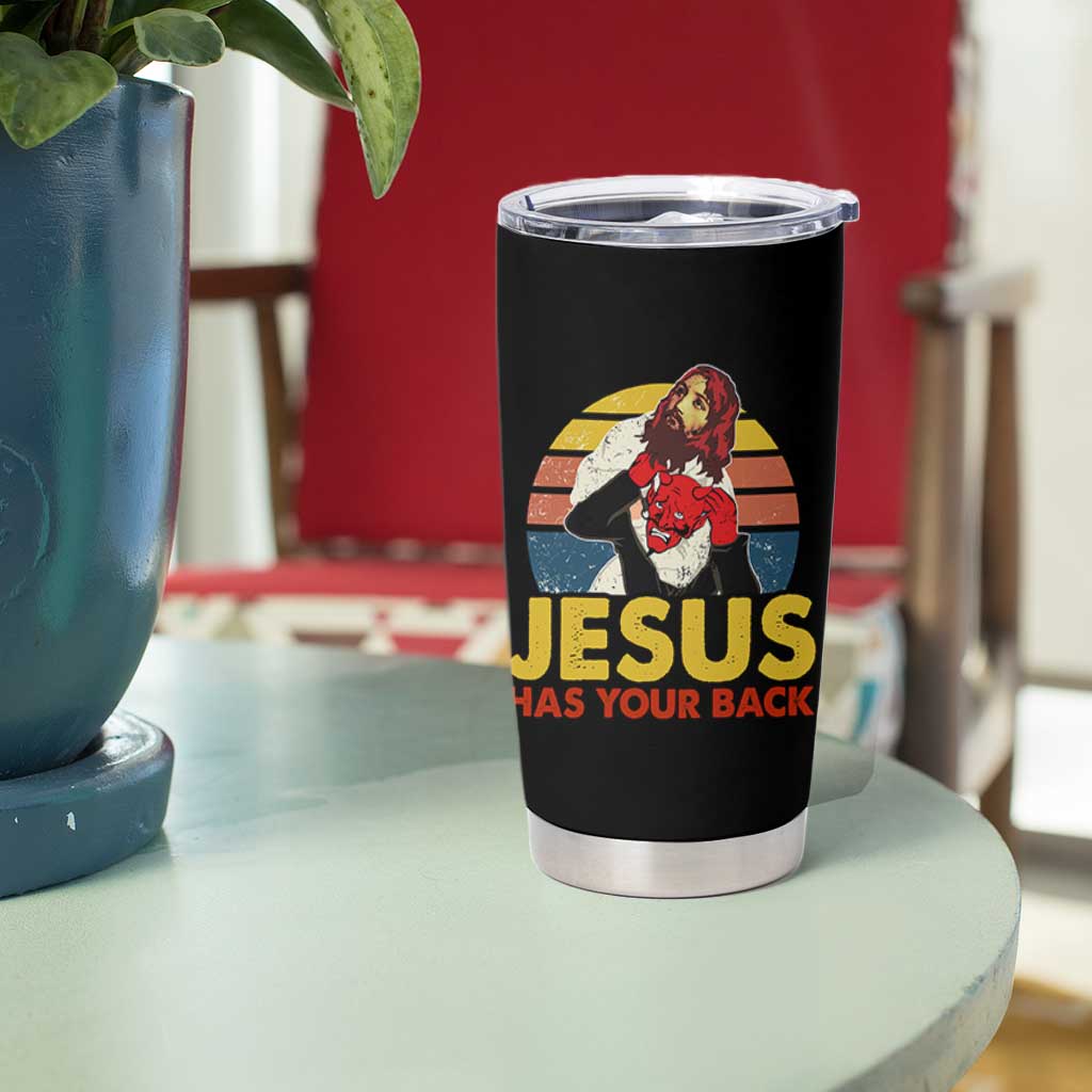 Funny Jesus Satan Meme Tumbler Cup Has Your Back Jiu Jitsu Retro Religious Christian
