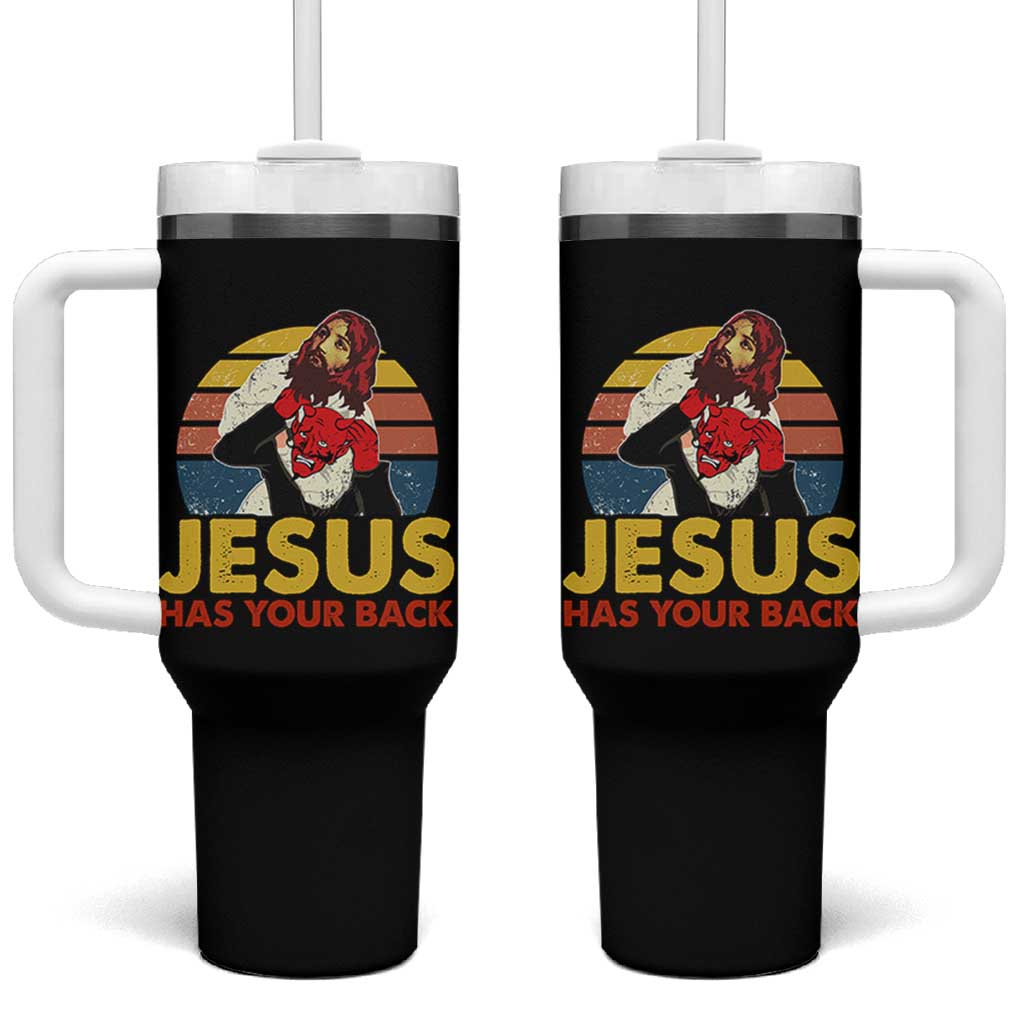 Funny Jesus Satan Meme Tumbler With Handle Has Your Back Jiu Jitsu Retro Religious Christian