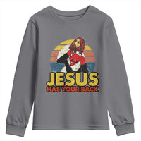 Funny Jesus Satan Meme Youth Sweatshirt Has Your Back Jiu Jitsu Retro Religious Christian