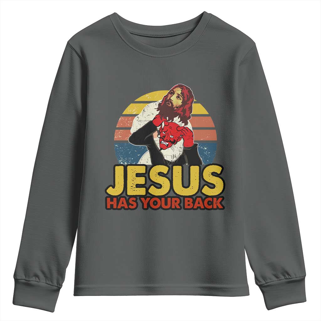 Funny Jesus Satan Meme Youth Sweatshirt Has Your Back Jiu Jitsu Retro Religious Christian