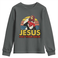Funny Jesus Satan Meme Youth Sweatshirt Has Your Back Jiu Jitsu Retro Religious Christian