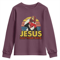 Funny Jesus Satan Meme Youth Sweatshirt Has Your Back Jiu Jitsu Retro Religious Christian