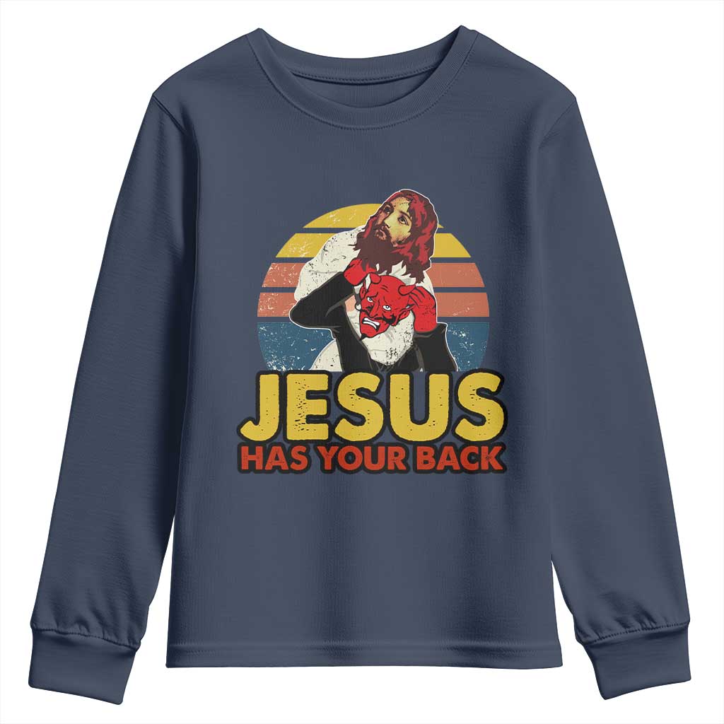 Funny Jesus Satan Meme Youth Sweatshirt Has Your Back Jiu Jitsu Retro Religious Christian