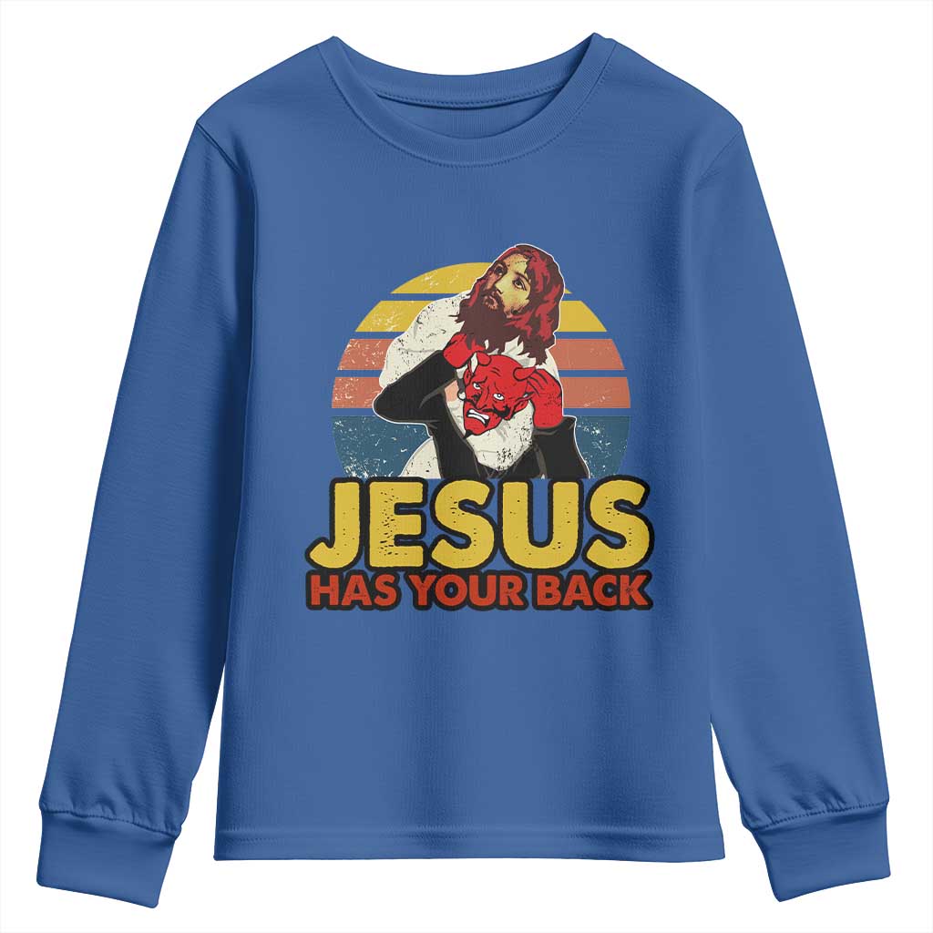 Funny Jesus Satan Meme Youth Sweatshirt Has Your Back Jiu Jitsu Retro Religious Christian