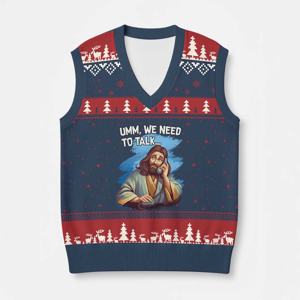 Funny Jesus V-Neck Knit Sweater Vest We Need To Talk Christian Religious Meme - Wonder Print Shop