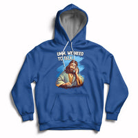 Royal blue Christian hoodie with Jesus graphic and text "UMM, WE NEED TO TALK"