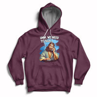 Maroon Christian hoodie with Jesus graphic and text "UMM, WE NEED TO TALK"