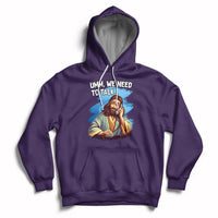 Purple Christian hoodie with Jesus graphic and text "UMM, WE NEED TO TALK"