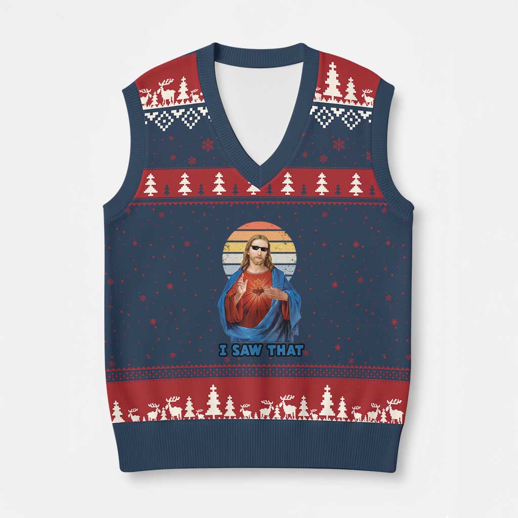 Funny Jesus V-Neck Knit Sweater Vest I Saw That Christian Religious Meme Retro - Wonder Print Shop