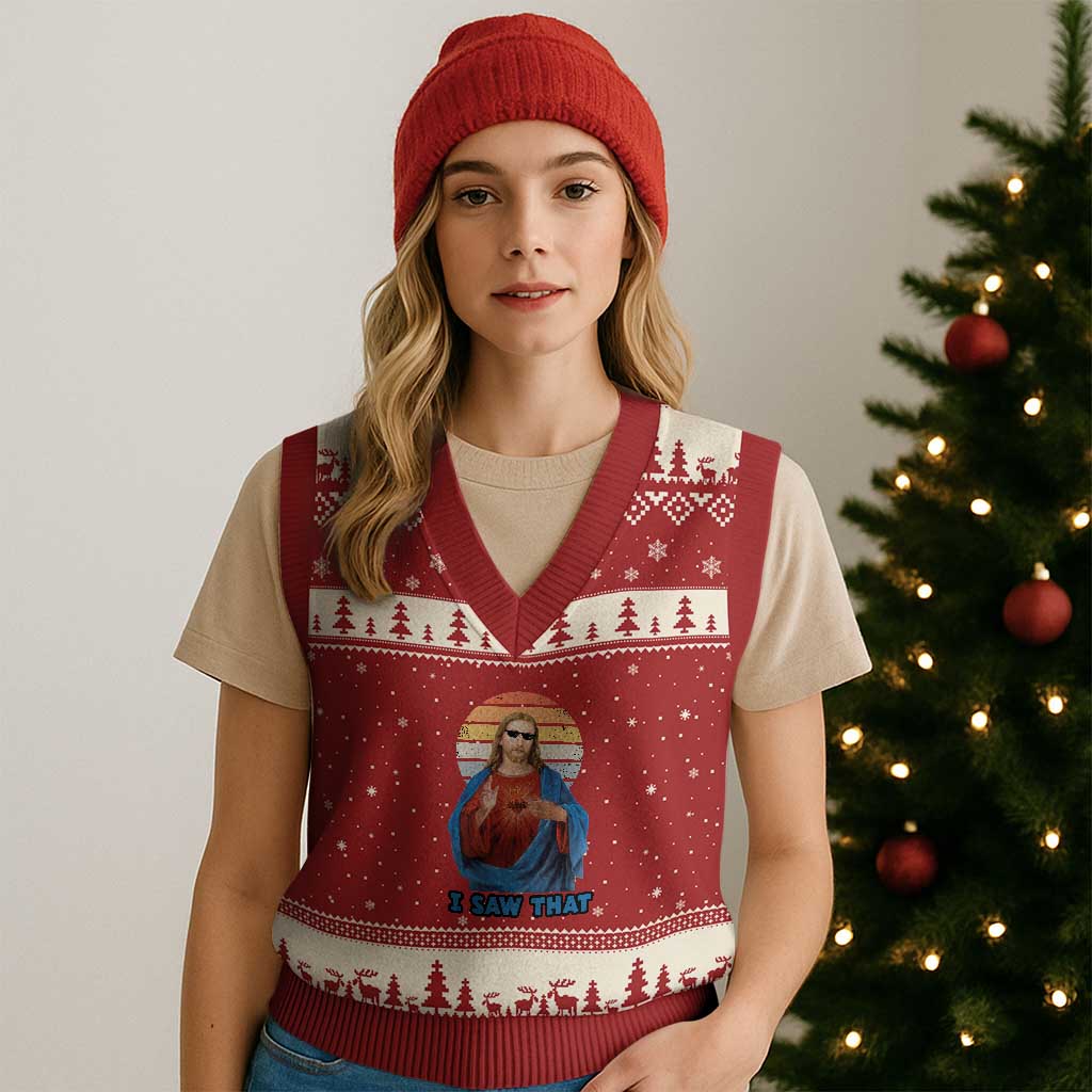 Funny Jesus V-Neck Knit Sweater Vest I Saw That Christian Religious Meme Retro - Wonder Print Shop