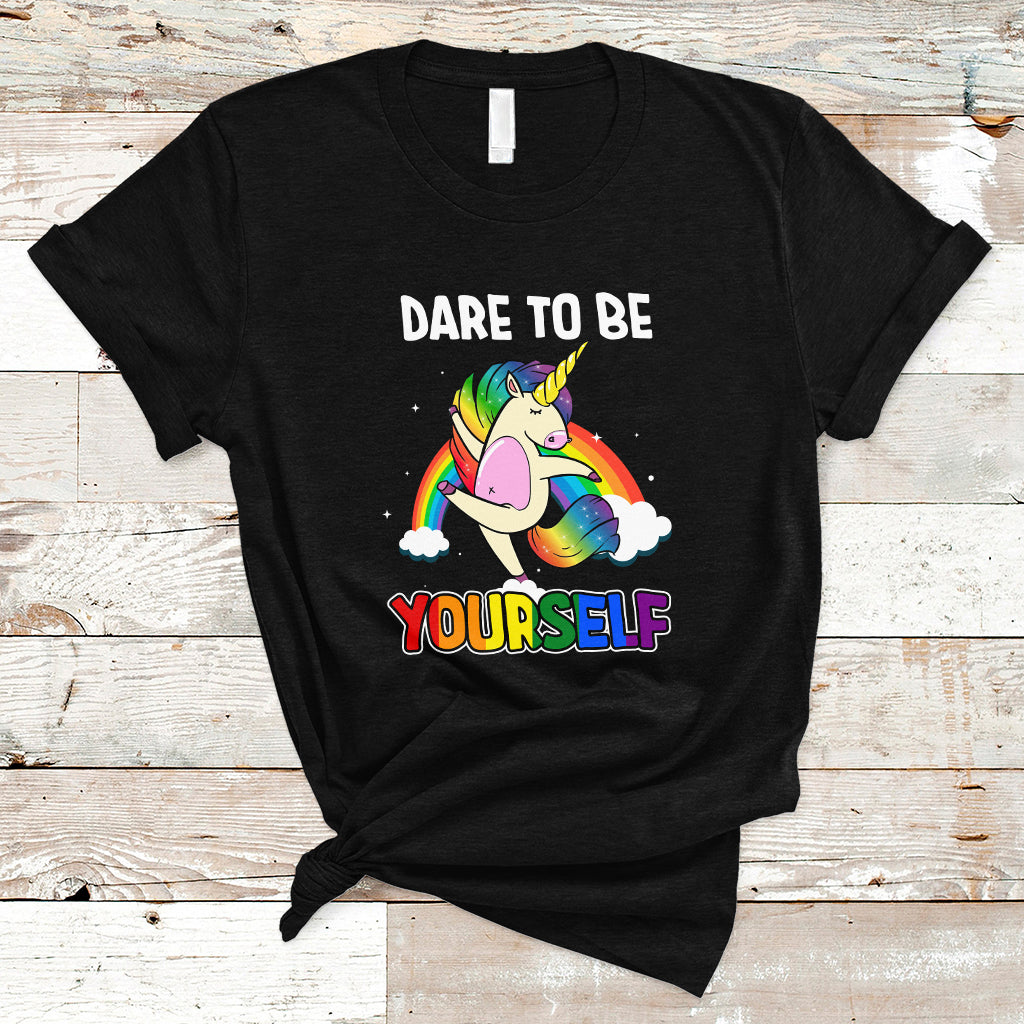 Gay Pride T Shirt Dare To Be Yourself Cute Unicorn Rainbow LGBT Gay Pride - Wonder Print Shop