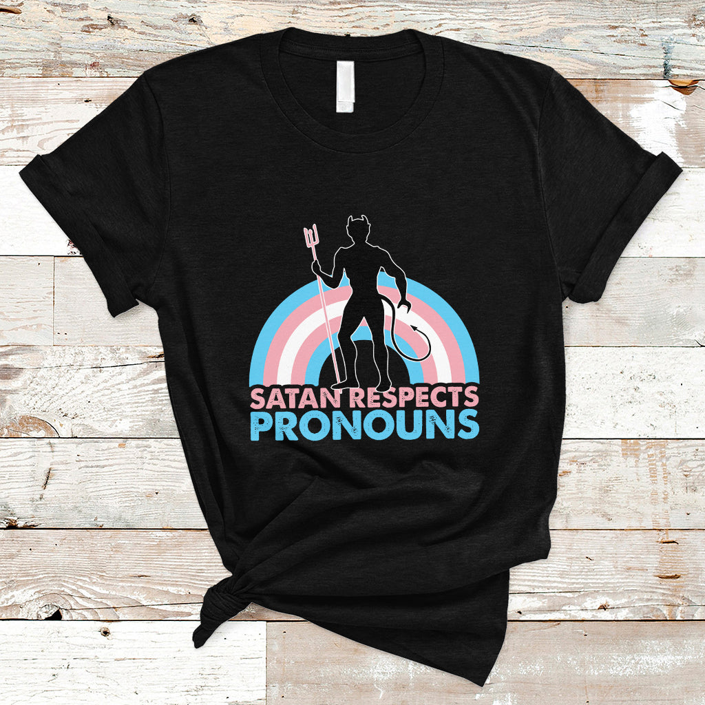 Gay Pride T Shirt Satan Respects Pronouns Pride Month Demon Trans Kids Transgender Pride Flag - Wonder Print Shop