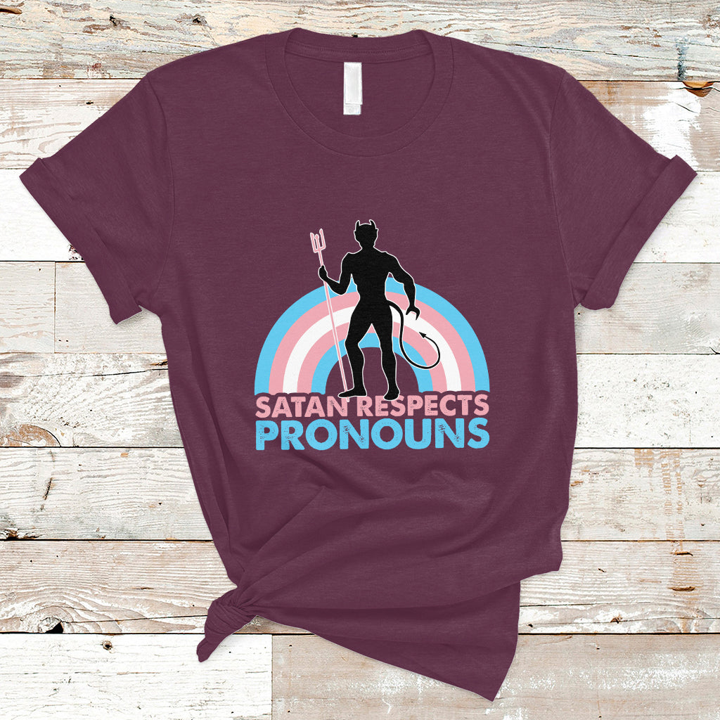 Gay Pride T Shirt Satan Respects Pronouns Pride Month Demon Trans Kids Transgender Pride Flag - Wonder Print Shop