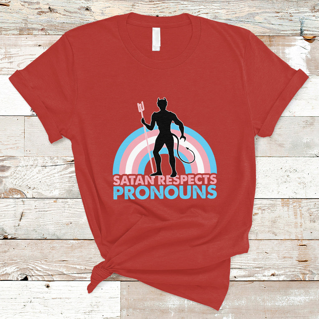 Gay Pride T Shirt Satan Respects Pronouns Pride Month Demon Trans Kids Transgender Pride Flag - Wonder Print Shop