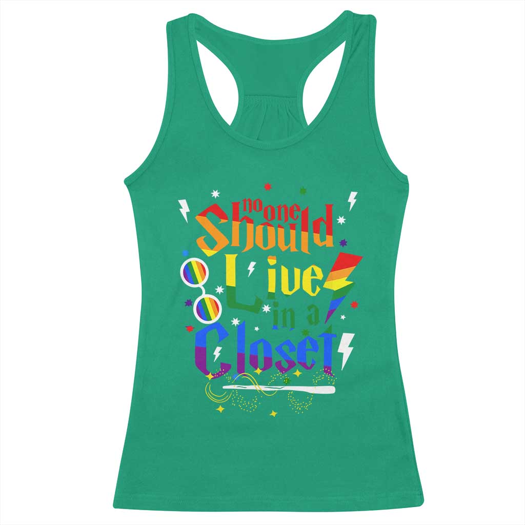 No One Should Live in a Closet Racerback Tank Top LGBTQ+ Pride Empowerment Ally