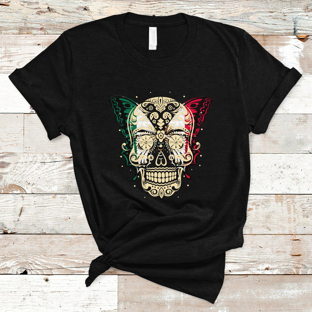 Mexican Sugar Skull T Shirt Mexico Flag Butterfly Latino Hispanic Heritage - Wonder Print Shop